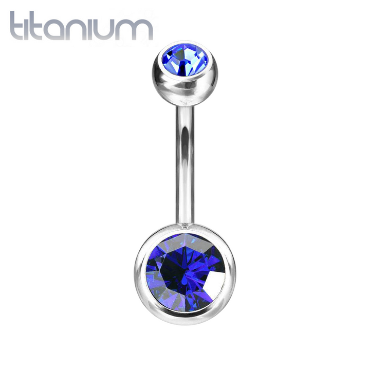 Implant Grade Titanium Double Ball Blue CZ Gem Belly Ring - Pierced Universe