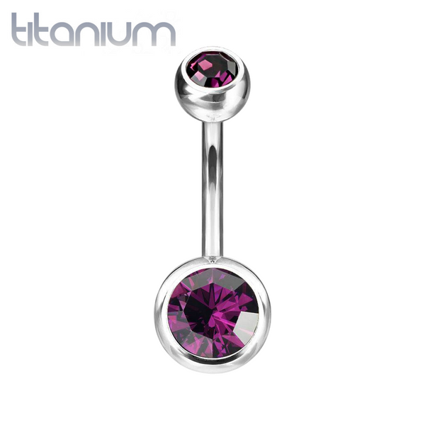Implant Grade Titanium Double Ball Purple CZ Gem Belly Ring - Pierced Universe