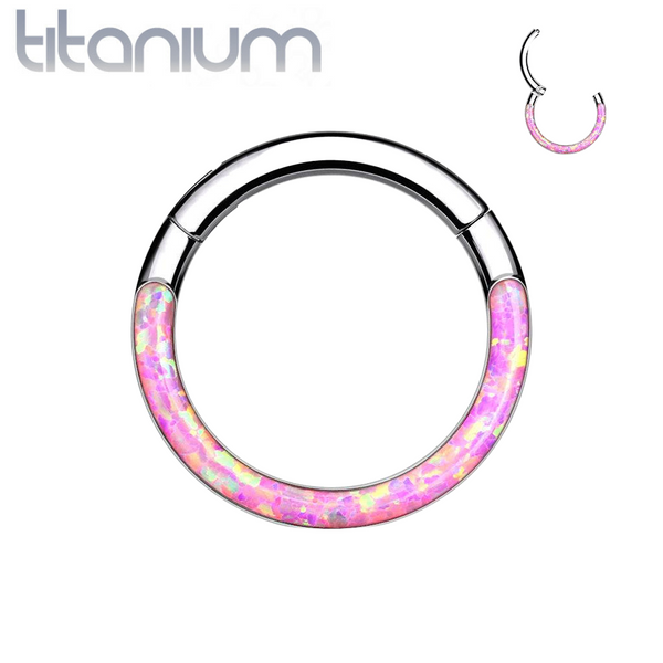 Implant Grade Titanium Pink Opal Inlay Septum Daith Clicker Hinged Hoop Ring - Pierced Universe