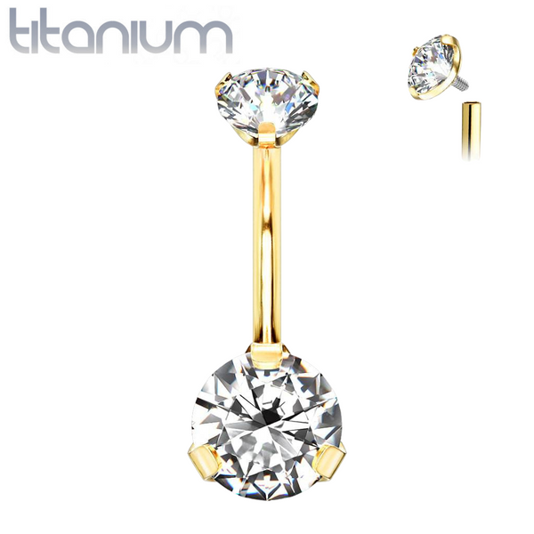 Implant Grade Titanium Internally Threaded Gold PVD White CZ Prong Belly Button Navel Ring - Pierced Universe