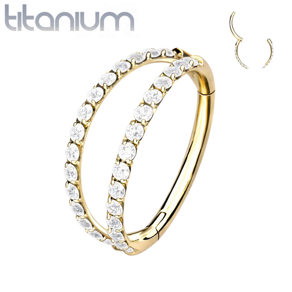 Implant Grade Titanium Gold PVD Pave White CZ Double Hoop Hinged Hoop Ring Clicker - Pierced Universe