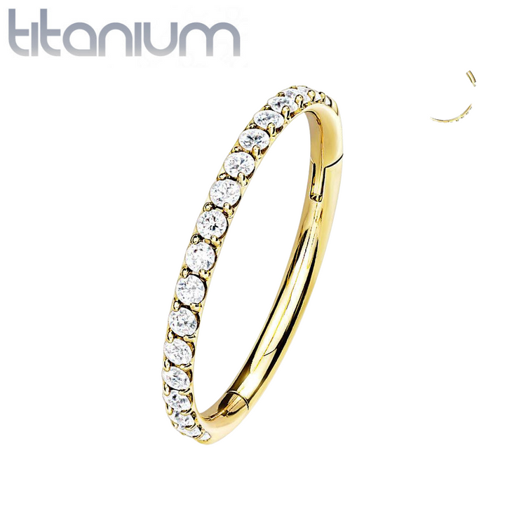 Implant Grade Titanium Gold PVD Easy Hinged White CZ Pave Clicker Hoop - Pierced Universe