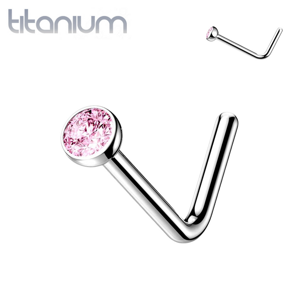 Implant Grade Titanium L-Shape Pink CZ Nose Ring Stud - Pierced Universe