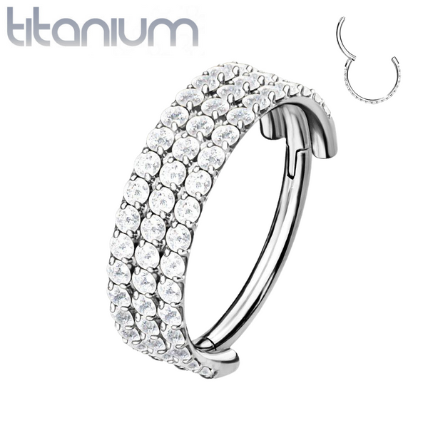 Implant Grade Titanium Triple Row White CZ Pave Hinged Clicker