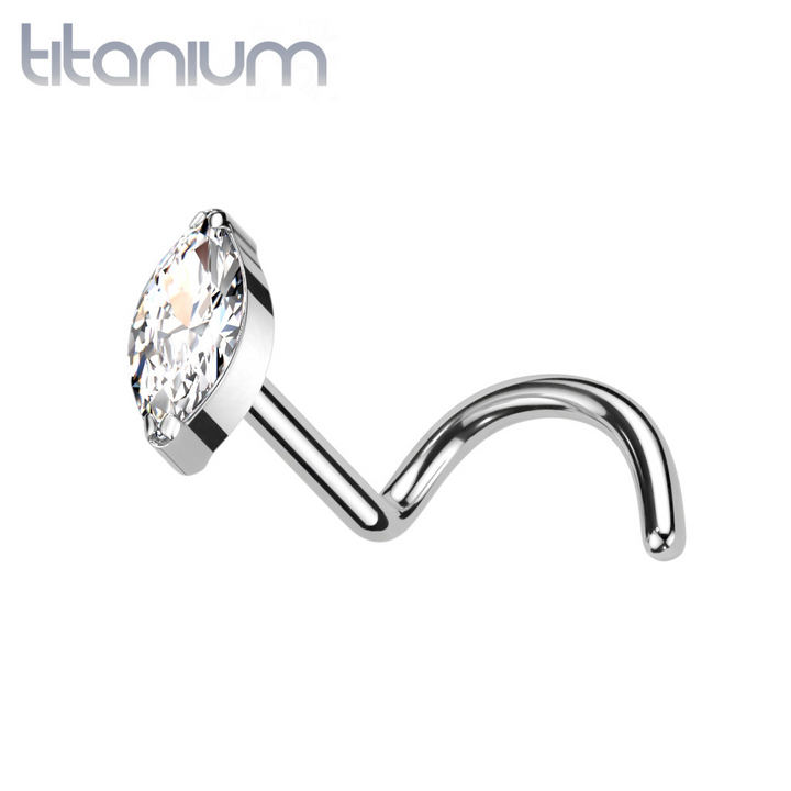 Implant Grade Titanium White Marquise CZ Gem Corkscrew Nose Ring Stud - Pierced Universe