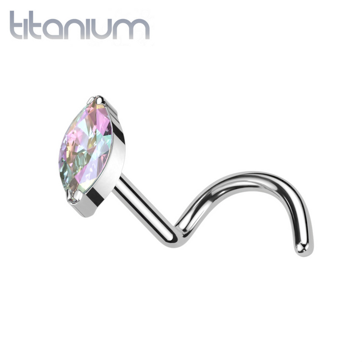 Implant Grade Titanium Aurora Borealis Marquise CZ Gem Corkscrew Nose Ring Stud - Pierced Universe