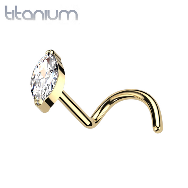Implant Grade Titanium Gold PVD White Marquise CZ Gem Corkscrew Nose Ring Stud - Pierced Universe