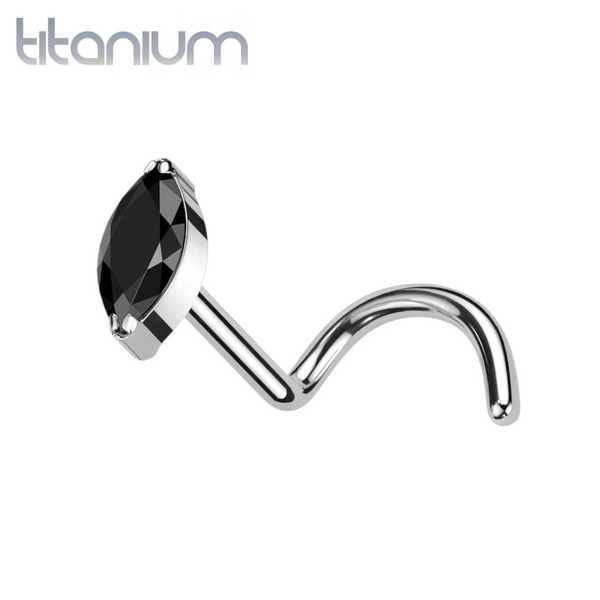 Implant Grade Titanium Black Marquise CZ Gem Corkscrew Nose Ring Stud - Pierced Universe