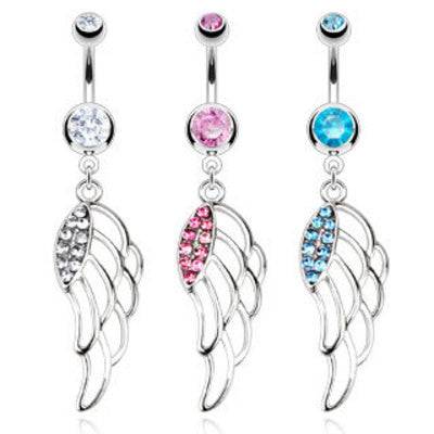 Big Hollow CZ Angel Wing Dangle Surgical Steel Belly Button Navel Ring Bar - Pierced Universe