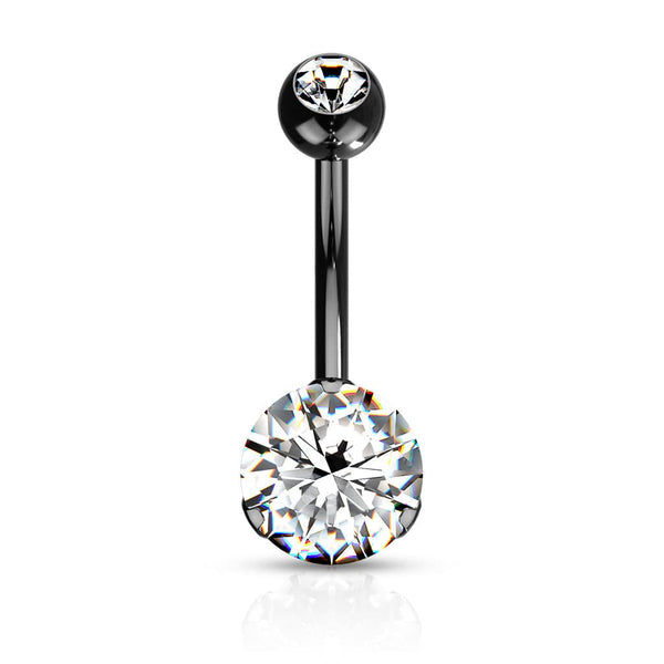 Black PVD Surgical Steel Classic White 8mm CZ Gem Belly Ring - Pierced Universe