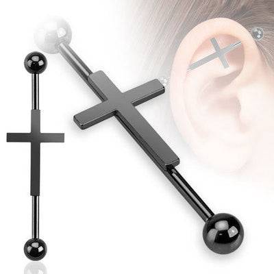 Black PVD Surgical Steel Cross Straight Barbell Industrial - Pierced Universe