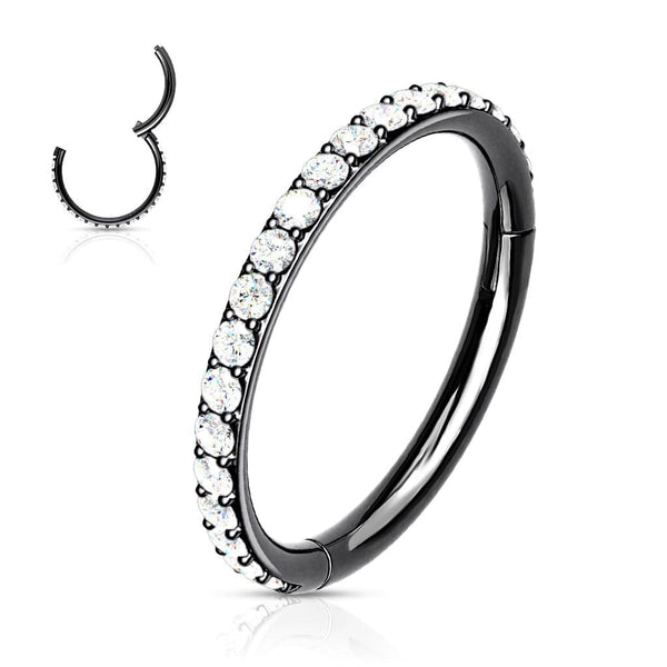 Black Surgical Steel Easy Hinged CZ Pave Clicker Hoop - Pierced Universe