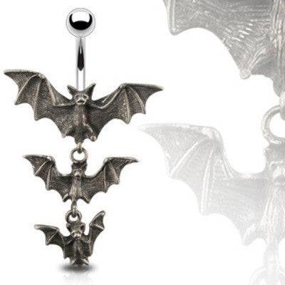 Black Surgical Triple Vampire Bats Gothic Surgical Steel Belly Button Navel Ring - Pierced Universe