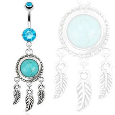 Blue Semi Precious Turquoise Dream Catcher Surgical Steel Belly Button Navel Ring - Pierced Universe