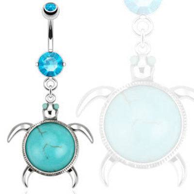 Blue Semi Precious Turquoise Turtle Dangle Surgical Steel Belly Button Navel Ring - Pierced Universe