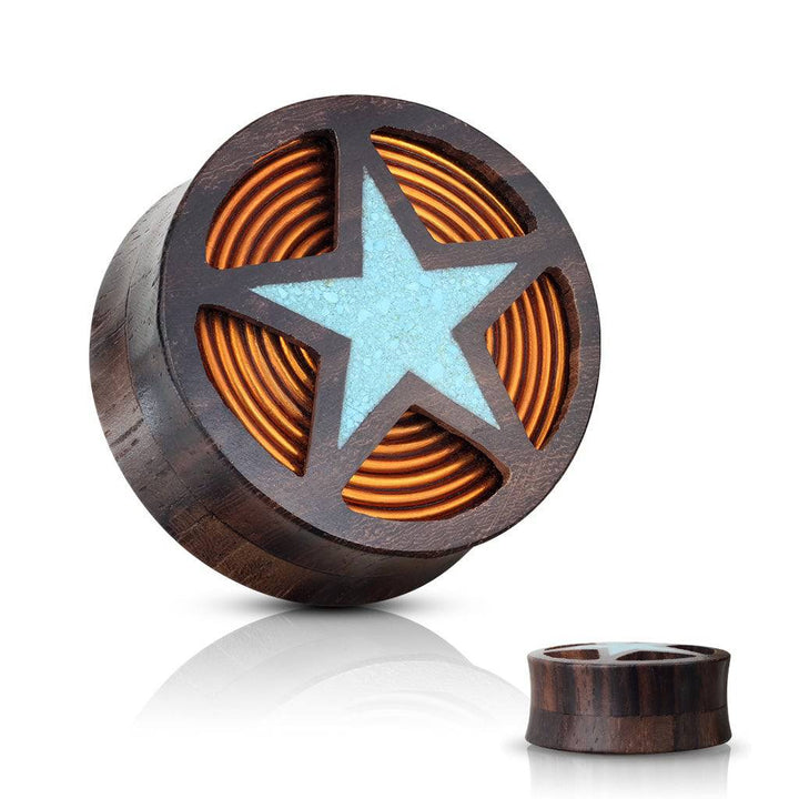 Brown Sono Wood Crushed Turquoise Star & Copper Coil Ear Plug - Pierced Universe