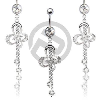 Butterfly Flower Clear CZ Belly Ring Dangle with 2 Drop Chains - Pierced Universe