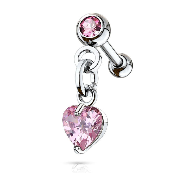 Cartilage Ball Back Dangling Pink Heart Barbell - Pierced Universe