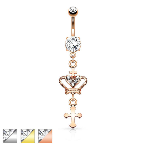 Christian Crown and Cross Dangling Belly Button Navel Ring - Pierced Universe