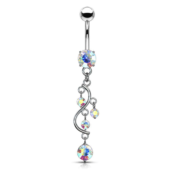Classic Traditional Vine Prong Aurora Borealis Dangling Surgical Steel Belly Button Navel Ring - Pierced Universe