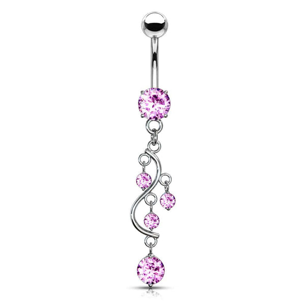 Classic Traditional Vine Prong Pink Dangling Surgical Steel Belly Button Navel Ring - Pierced Universe
