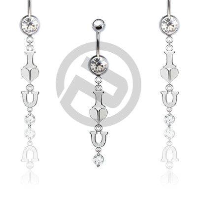 Clear CZ "I love you" Drop Dangle Belly Button Navel Ring - Pierced Universe