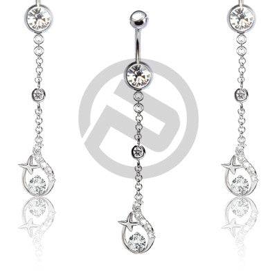 Clear Gem Dangle Chain Belly Button Navel Ring with Design - Pierced Universe