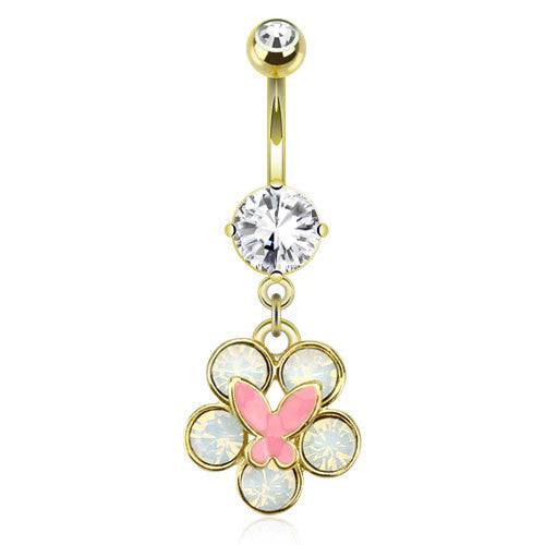 Clear Surgical Steel Dangling Belly Button Navel Ring with Pink Butterfly on Flower - Pierced Universe
