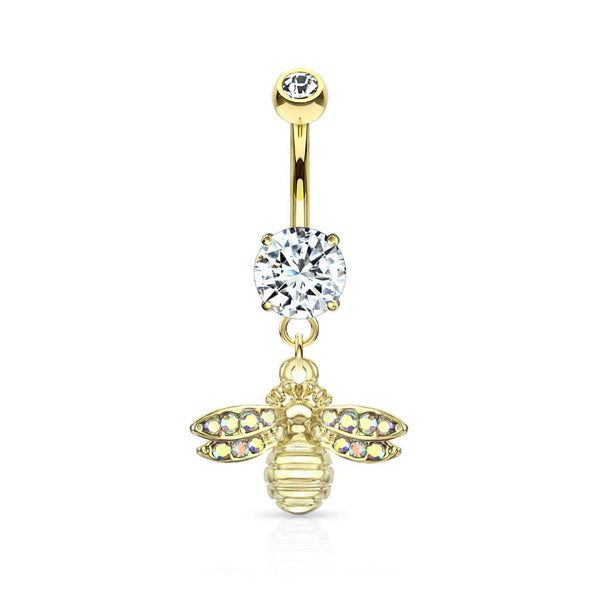 Cute Small CZ Dangle Bumble Bee Gold PVD Surgical Steel Belly Ring - Pierced Universe