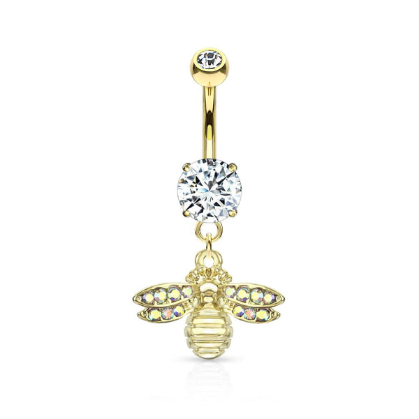 Cute Small CZ Dangle Bumble Bee Gold PVD Surgical Steel Belly Ring Cute Small CZ Dangle Bumble Bee Gold PVD Surgical Steel Belly Ring
