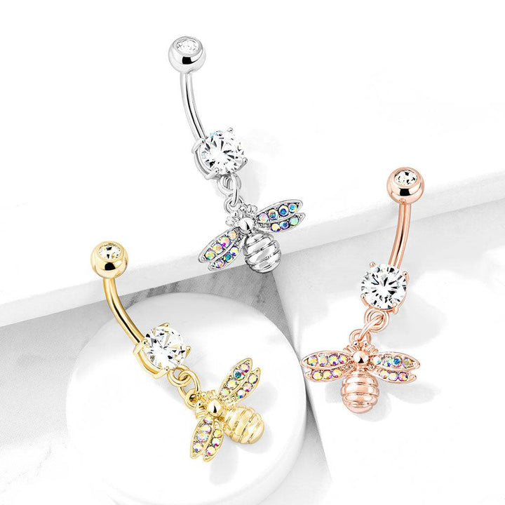 Cute Small CZ Dangle Bumble Bee Gold PVD Surgical Steel Belly Ring - Pierced Universe