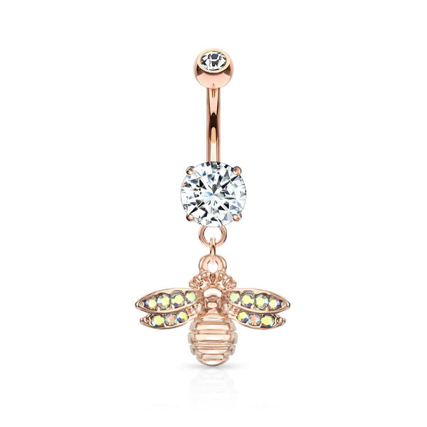 Cute Small CZ Dangle Bumble Bee Rose Gold PVD Surgical Steel Belly Ring - Pierced Universe
