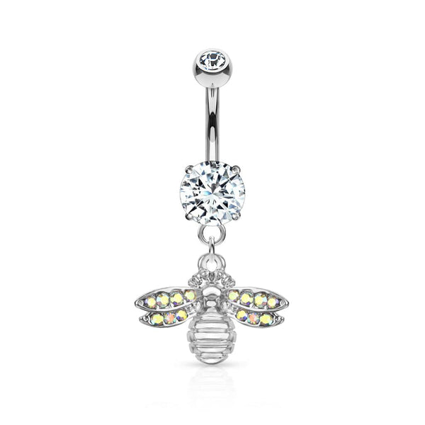 Cute Small CZ Dangle Bumble Bee Surgical Steel Belly Ring - Pierced Universe