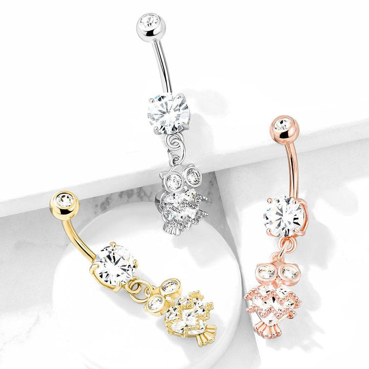 Cute Small CZ Dangle Owl Gold PVD Surgical Steel Belly Ring - Pierced Universe