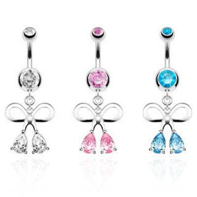 Cute Surgical Steel Belly Button Navel Ring with Dangling Ribbon with Teardrop CZs - Pierced Universe