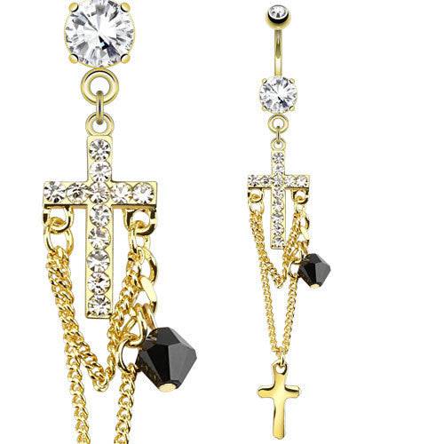 CZ Cross and Chain Bead 14kt Gold Plated Dangling Belly Button Navel Ring - Pierced Universe