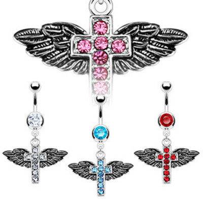 CZ Gem Cross with Angel Feather Wings Dangle Surgical Steel Belly Button Navel Ring - Pierced Universe