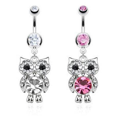 CZ Gem Cute Owl Surgical Steel Belly Button Navel Ring - Pierced Universe