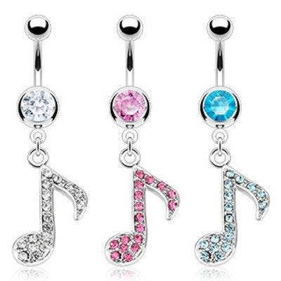 CZ Gem Paved Musical Music Note Surgical Steel Belly Button Navel Ring - Pierced Universe