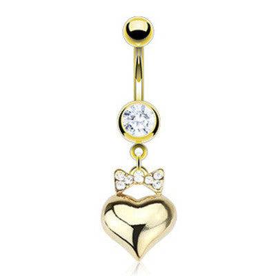 CZ Ribbon Bow Gold Plated Heart Dangle Surgical Steel Belly Button Navel Ring - Pierced Universe