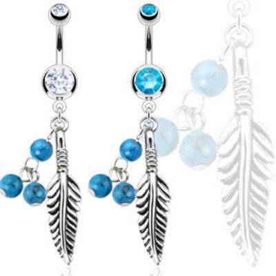 Dangling Blue Turquoise Stone and Feather Belly Button Navel Ring - Pierced Universe
