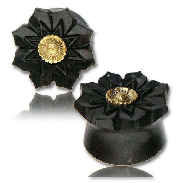 Double Flared Black Carved Areng Wood Floral Lotus Flower Ear Gauges Plugs - Pierced Universe