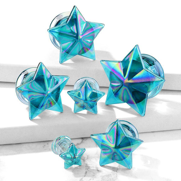 Double Flared Blue AB Glass Star Plugs - Pierced Universe