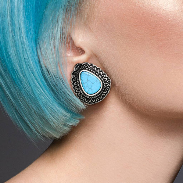 Double Flared Blue Turquoise Tear Drop Antique Silver Ear Plugs - Pierced Universe