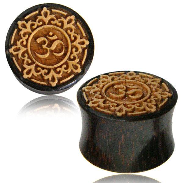 Double Flared Hand Carved Ohm Design Wood Ear Gauges Plugs - Pierced Universe