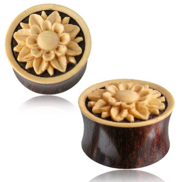 Double Flared Organic Brown Tamarind Wood with Hand Carved Flower Coco Shell Ear Gauges - Pierced Universe