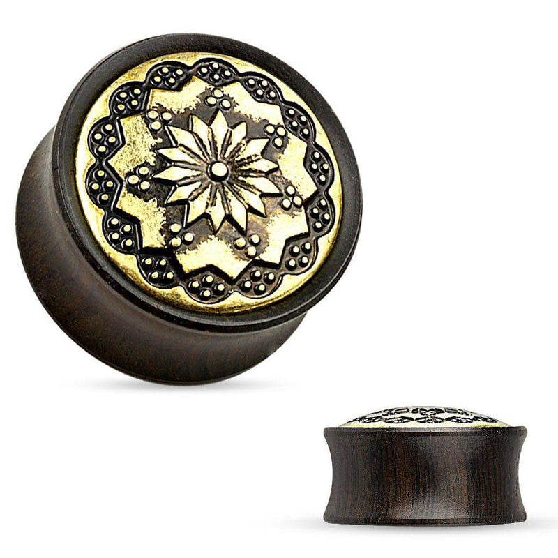 Double Flared Saddle Black Ebony Wood Ear Gauges Plugs with Bronze Floral Pattern Carvings - Pierced Universe