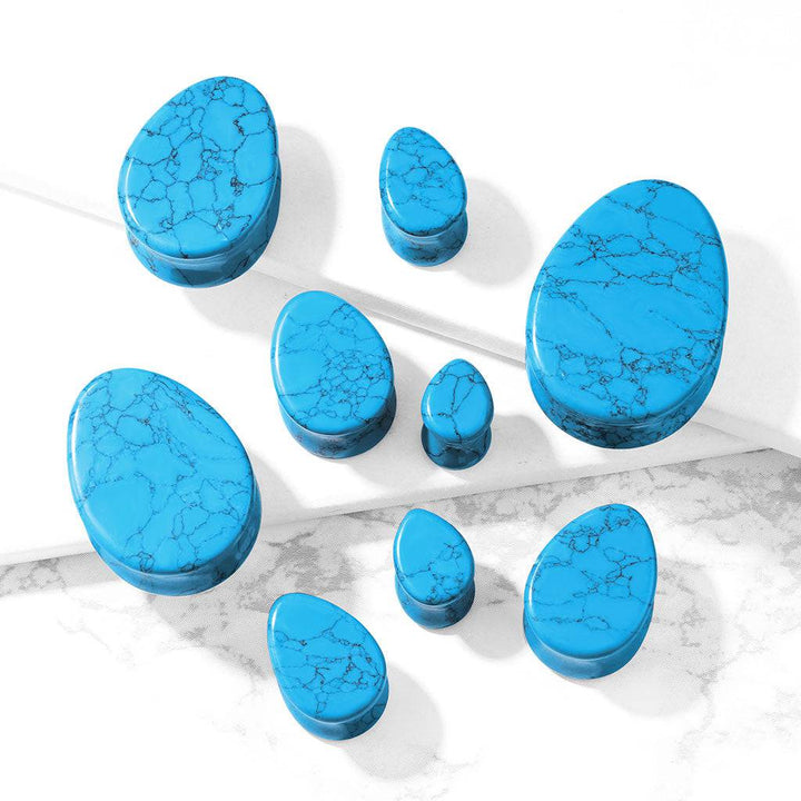 Double Flared Saddle Tear Drop Blue Turquoise Stone Plugs - Pierced Universe
