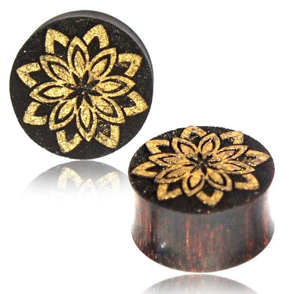 Double Flared Tamarind Wood Laser Golden Lotus Ear Plugs - Pierced Universe