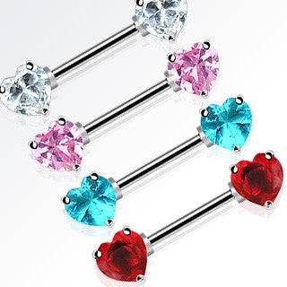 Double Front Facing Prong Gemmed Hearts Nipple Ring Barbell - Pierced Universe
